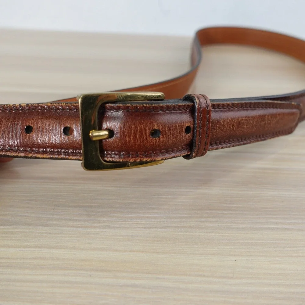 Classic Brown Leather Belt Mens 38 TRAFALGAR Gold Brass Buckle Veal Preppy Ivy